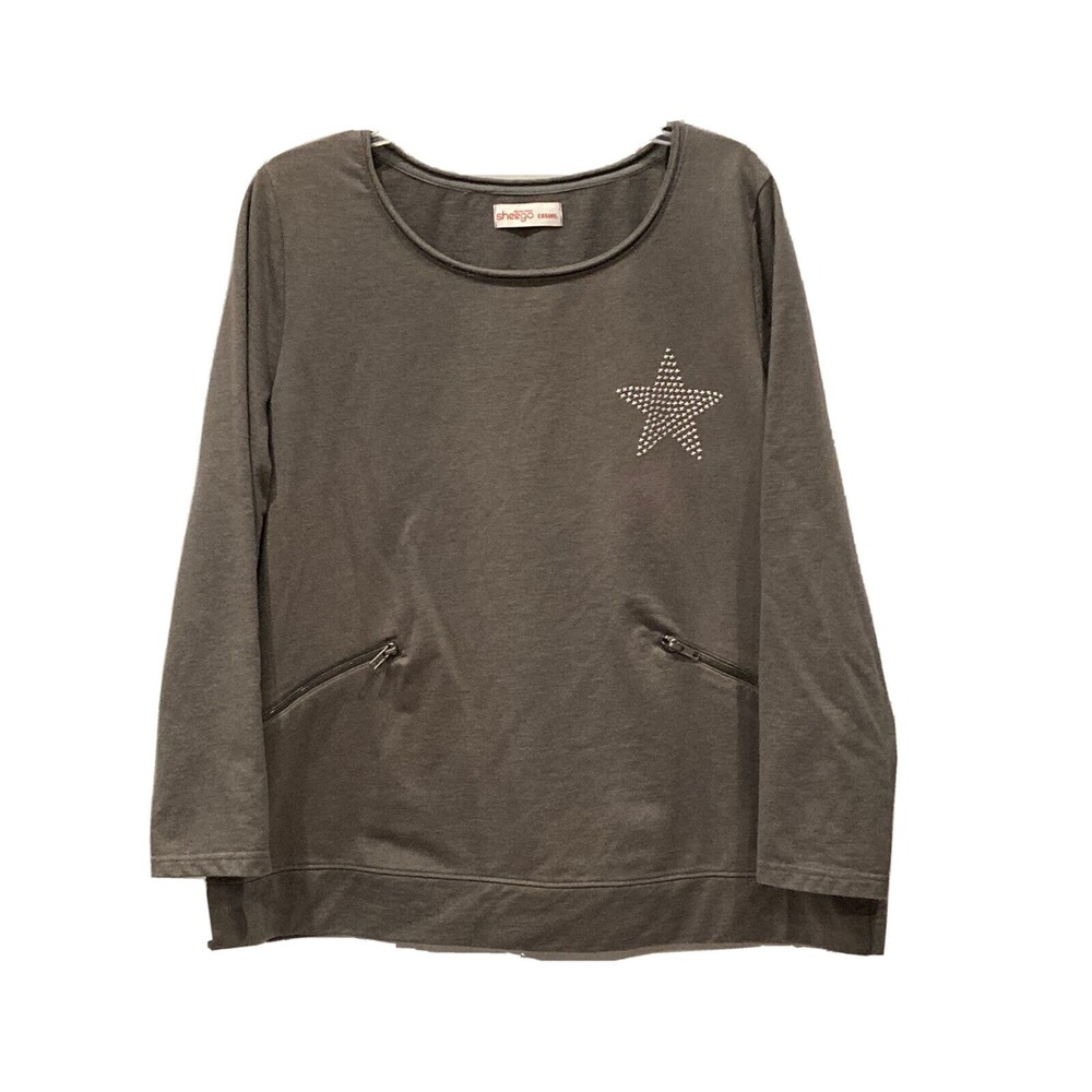 Sheego Sweatshirt Womens XL Gray Star Studs comfort Casual Lounge Top Zipper